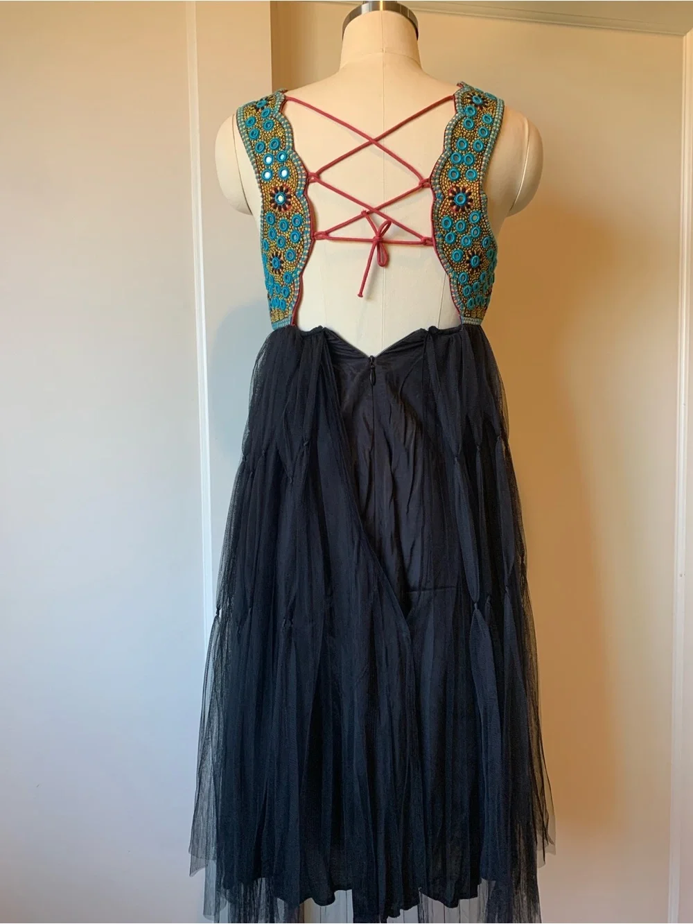 Free People Mirrored Turquoise & Gold Embroidered Dress with Black Net Skirt